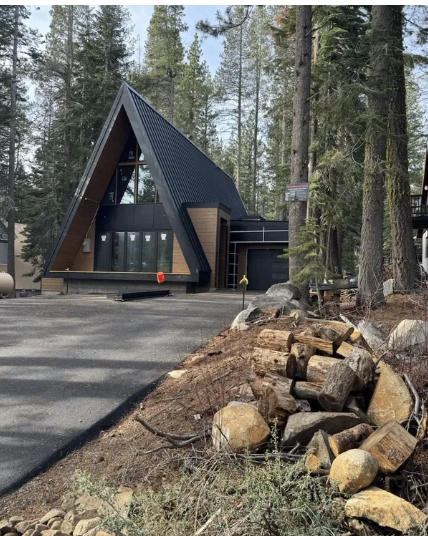 A-frame cabin with metal roof