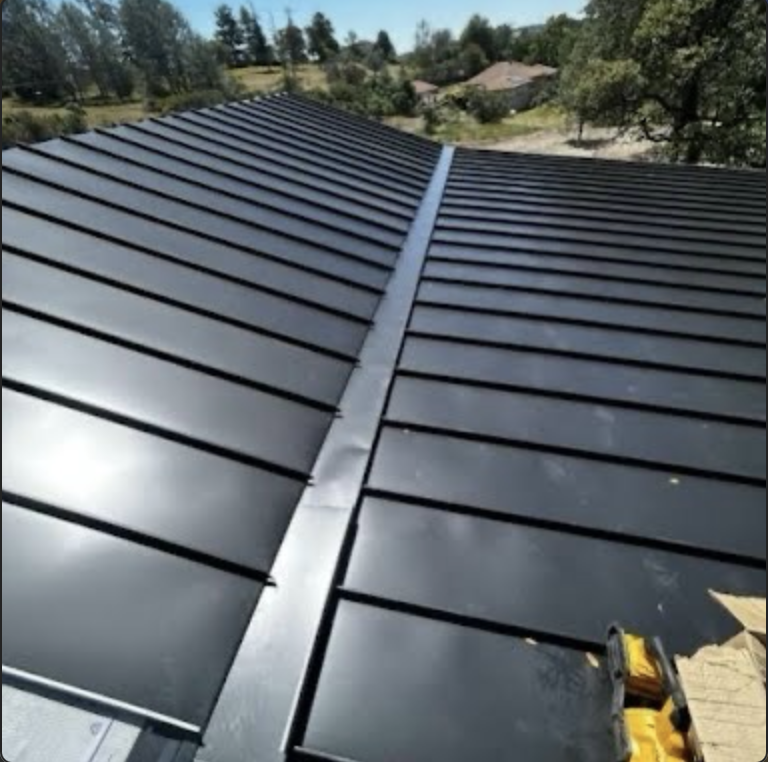Close view of standing seam metal roof panels